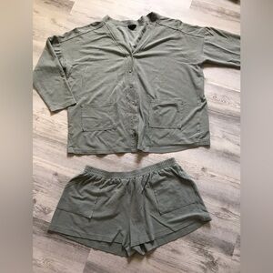 Heyson Sage Green French Terry Cloth Shorts Set Size 1XL Button Down Oversized